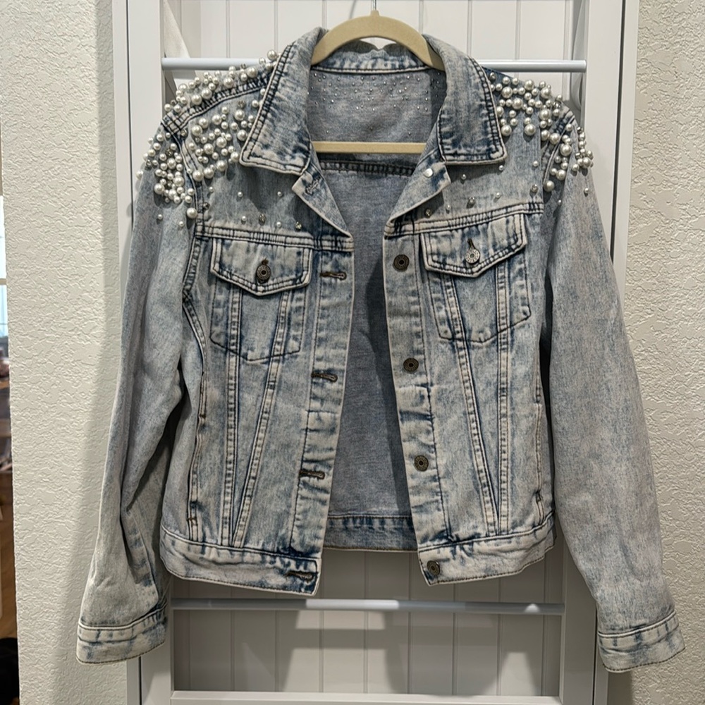 Boutique Pearl and Rhinestone Jean Jacket